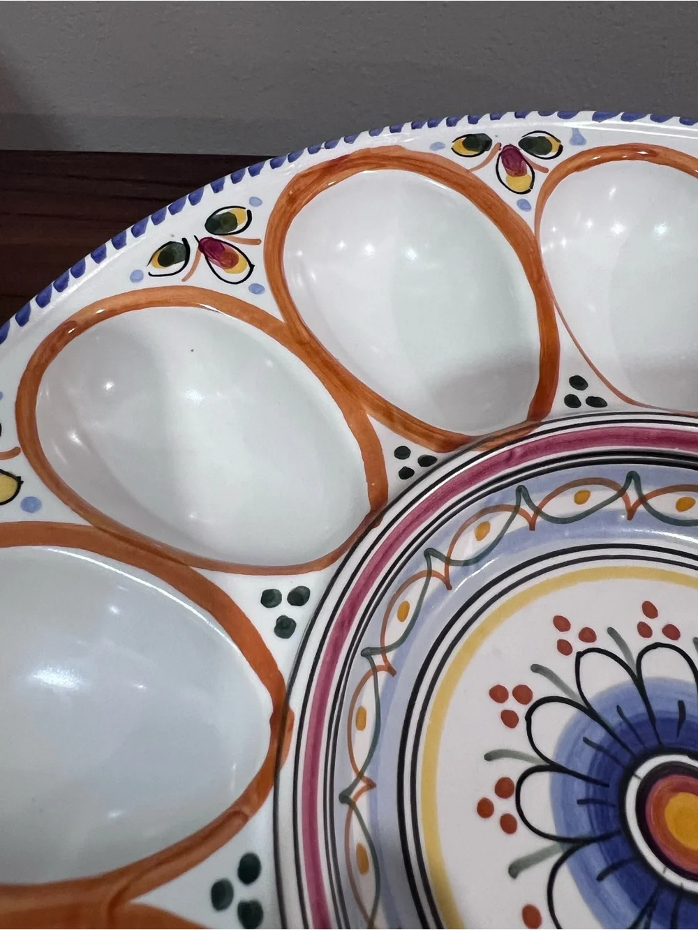 De La Cal Puente Spain Hand-Painted Ceramic Deviled Egg Platter | 12 eggs